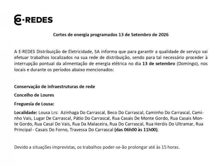 Cortes de energia programados 13 de Setembro de 2026