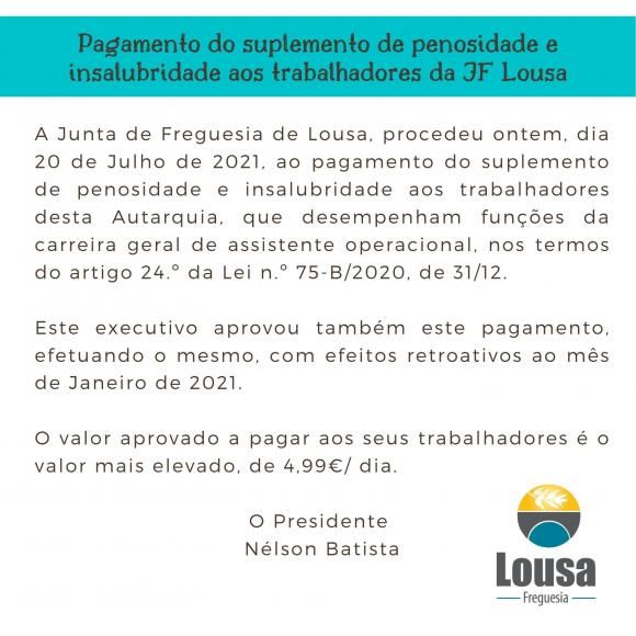 Pagamento do suplemento de penosidade e insalubridade aos trabalhadores da JF Lousa