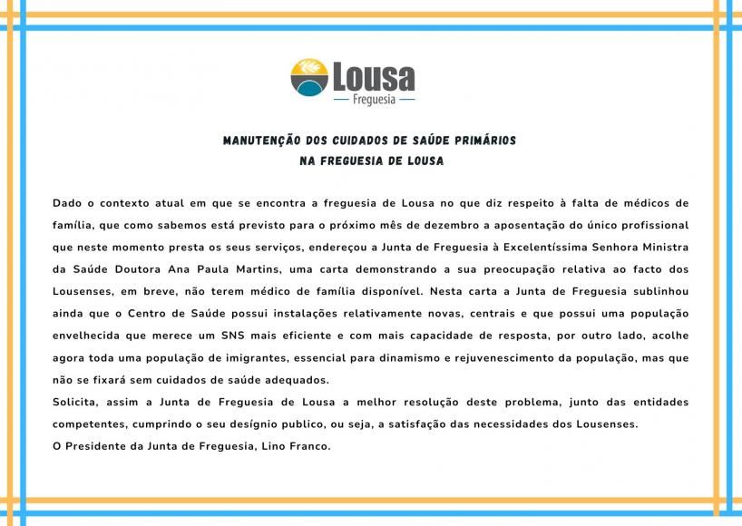 Manutenção dos Cuidados de Saúde Primários na Freguesia de Lousa