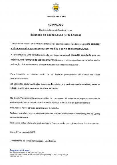 IMPORTANTE - Comunicado à População Utentes do Centro de Saúde de Lousa IMPORTANTE - Comunicado à População Utentes do Centro de Saúde de Lousa